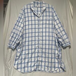 Eileen West Blue White Plaid sleep Shirt nightgown Cotton Lace granny Flannel